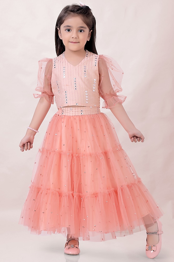 Peach Cotton Net Tiered Lehenga Set For Girls by Lil Peacock