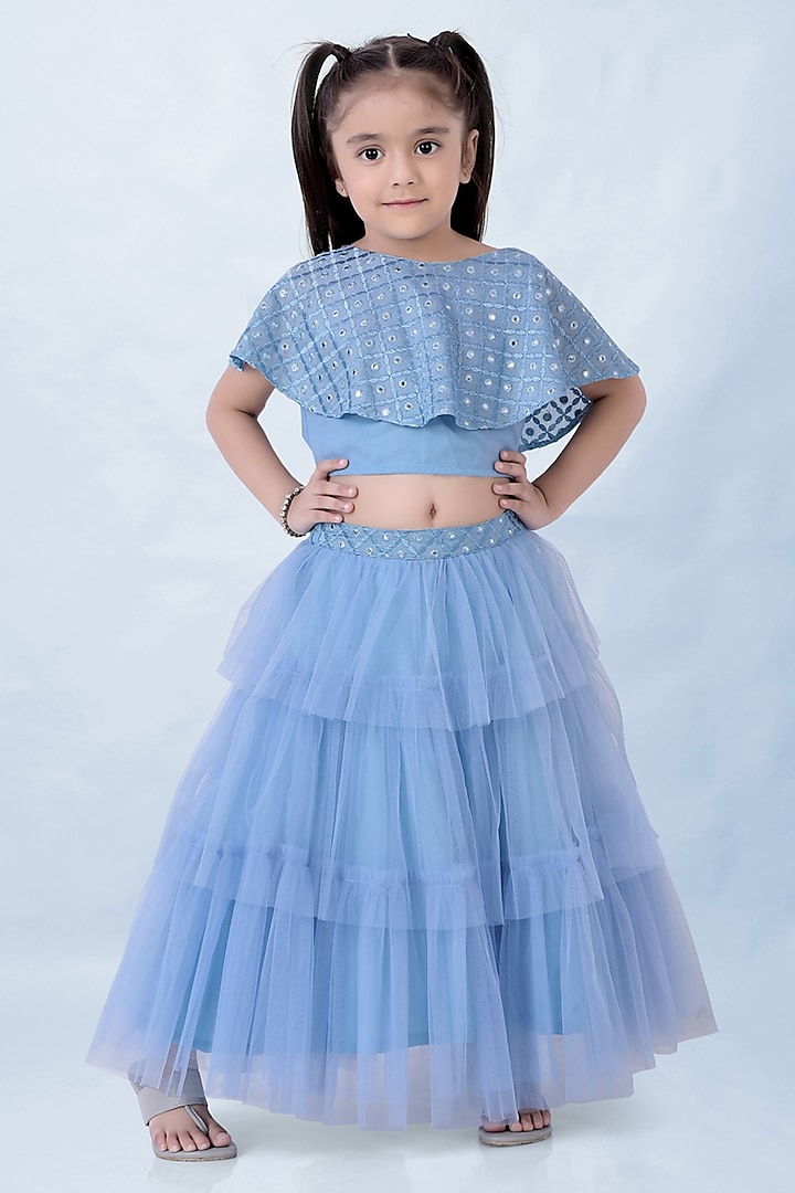 Powder Blue Cotton Silk & Net Mirror Embroidered Lehenga Set For Girls by Lil Peacock