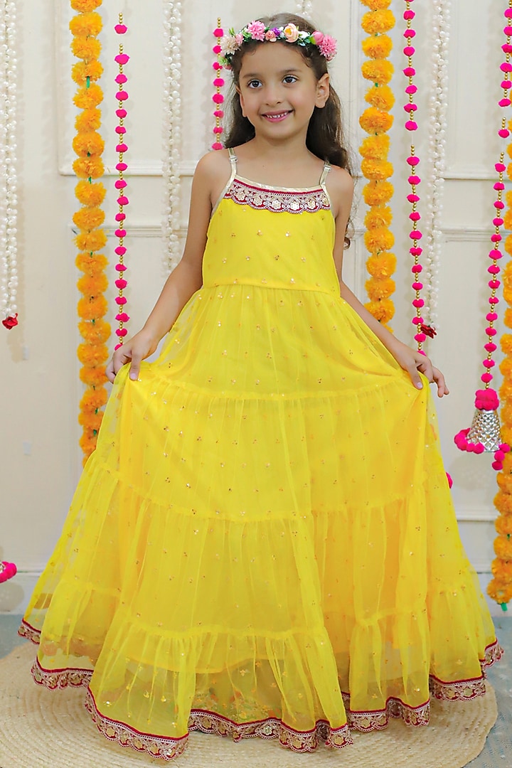 Yellow Mesh Tiered Gown For Girls by Lil Peacock