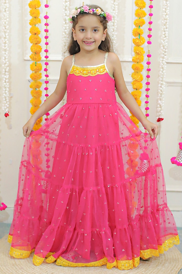 Pink Mesh tiered Gown For Girls by Lil Peacock
