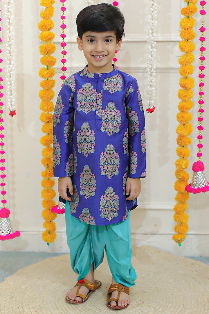 Blue Cotton Silk Printed Dhoti Set For Boys by Lil Peacock