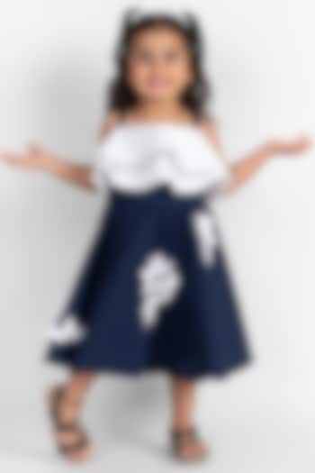 Navy Blue & White Neoprene Floral Embroidered Off-Shoulder Dress For Girls by Little Rabbits at Pernia's Pop Up Shop