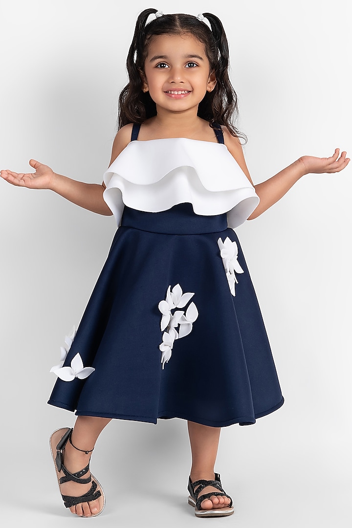 Navy Blue & White Neoprene Floral Embroidered Off-Shoulder Dress For Girls by Little Rabbits at Pernia's Pop Up Shop