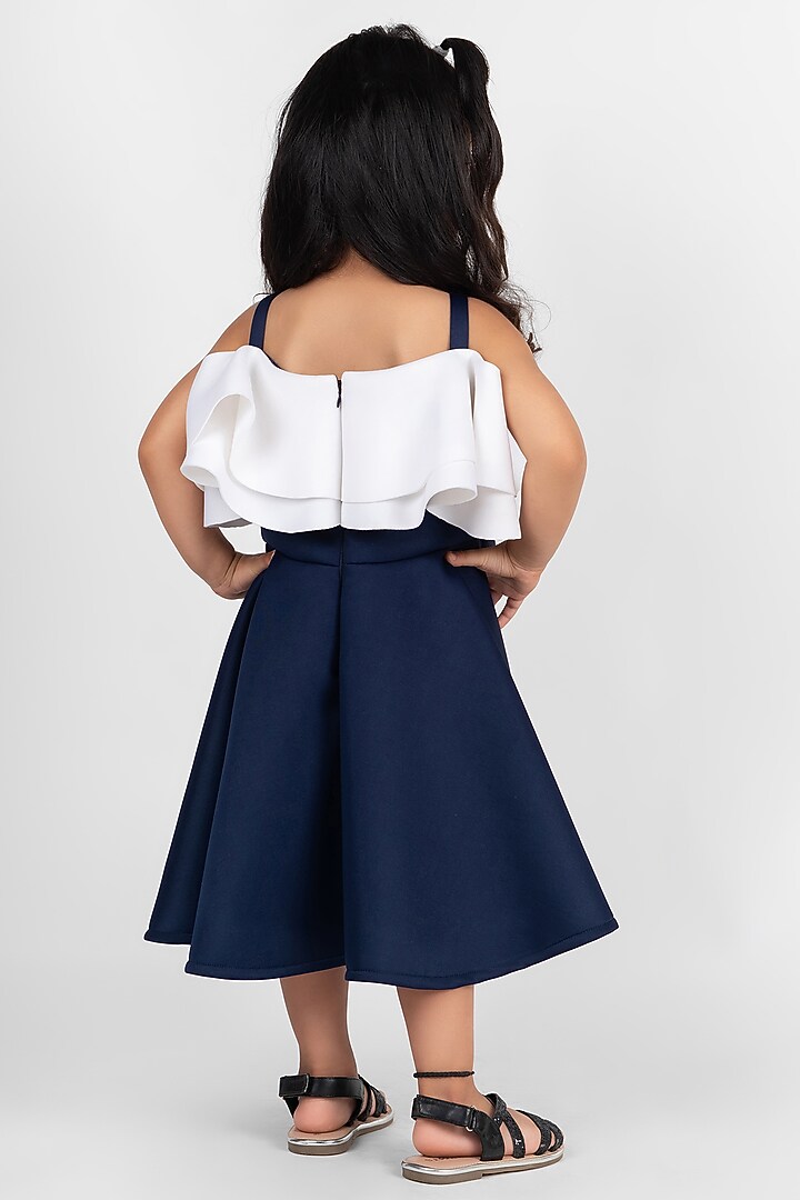 Navy Blue & White Neoprene Floral Embroidered Off-Shoulder Dress For Girls by Little Rabbits at Pernia's Pop Up Shop