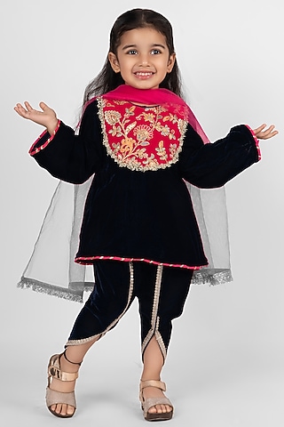 Navy Blue Velvet Dhoti Set For Girls by Little Rabbits