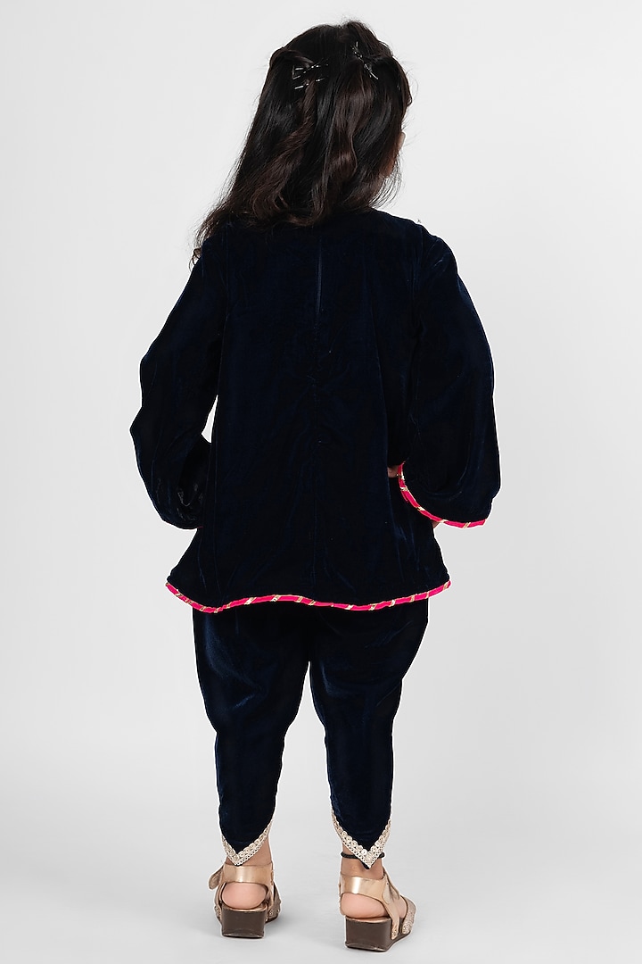 Navy Blue Velvet Dhoti Set For Girls by Little Rabbits at Pernia's Pop Up Shop