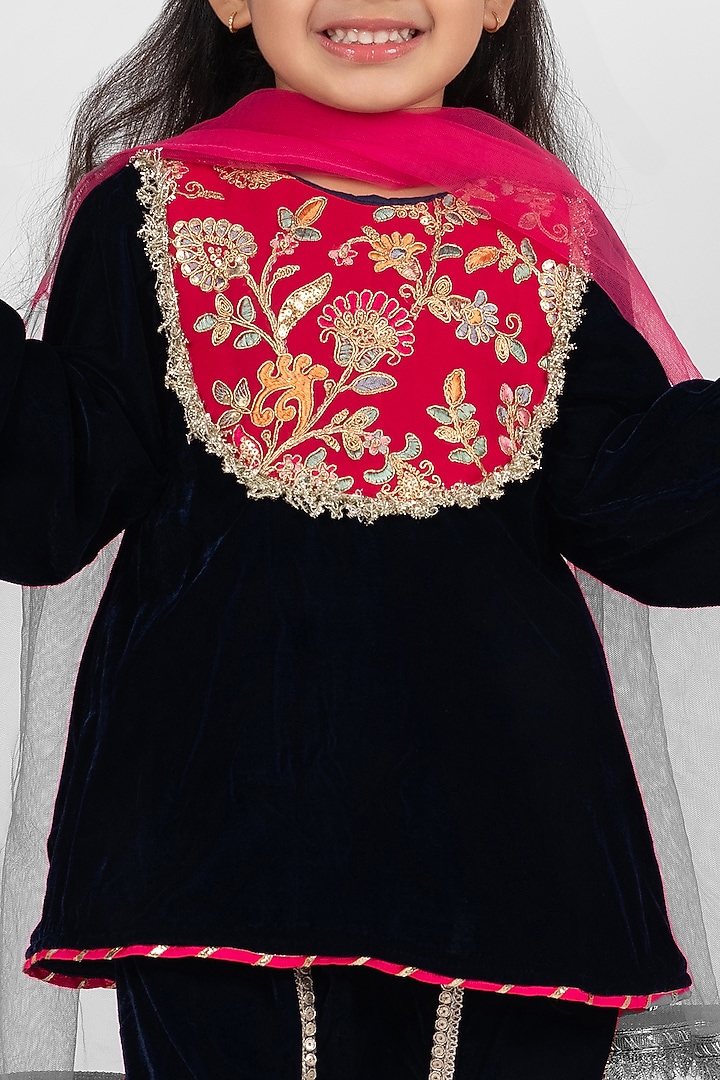 Navy Blue Velvet Dhoti Set For Girls by Little Rabbits at Pernia's Pop Up Shop