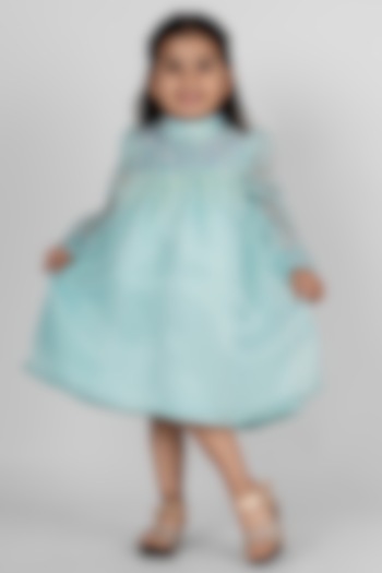 Sea Green Organza & Fur Dress For Girls by Little Rabbits at Pernia's Pop Up Shop