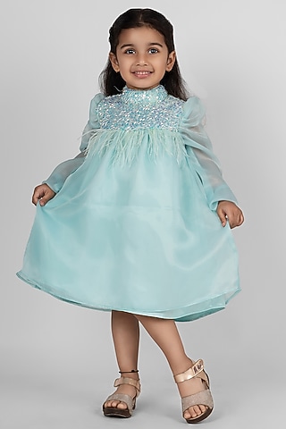 Sea Green Organza & Fur Dress For Girls by Little Rabbits