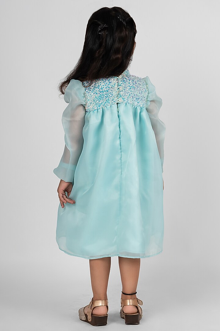 Sea Green Organza & Fur Dress For Girls by Little Rabbits at Pernia's Pop Up Shop