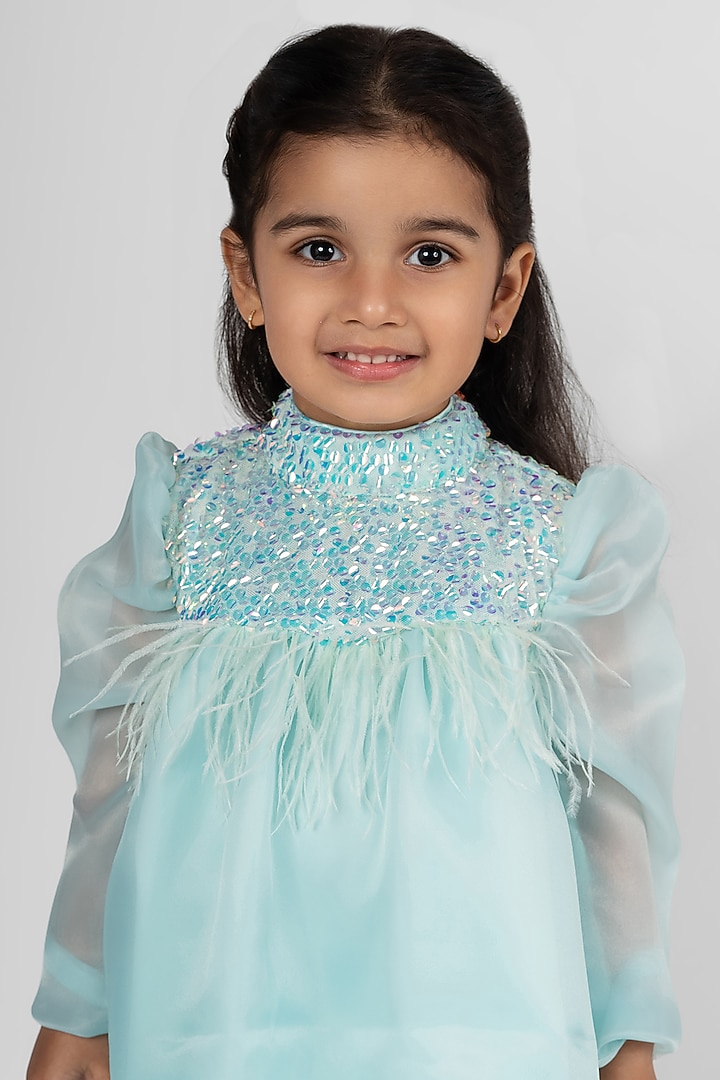 Sea Green Organza & Fur Dress For Girls by Little Rabbits at Pernia's Pop Up Shop