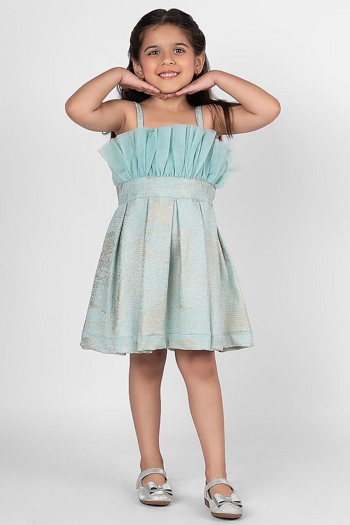 Sea Green Imported Foil Neoprene Printed Pleated Dress For Girls by Little Rabbits at Pernia's Pop Up Shop