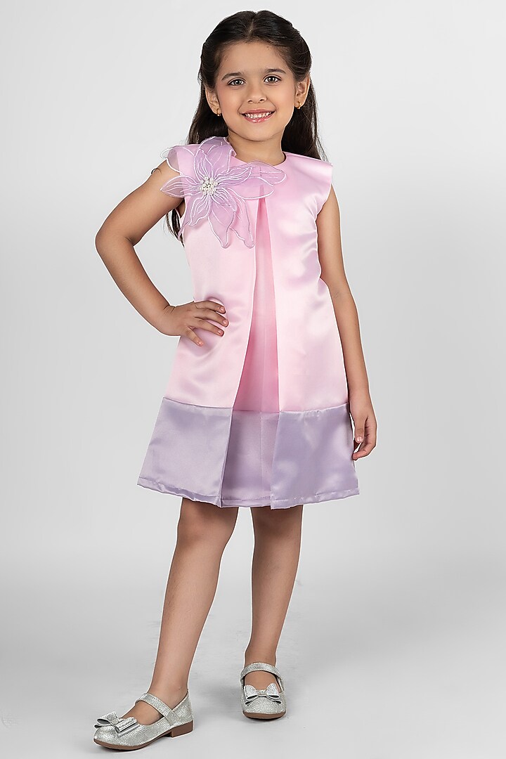 Pink Imported Satin Floral Embroidered Dress For Girls by Little Rabbits at Pernia's Pop Up Shop