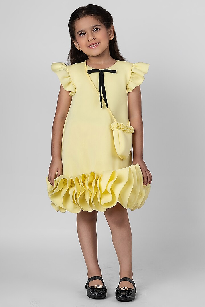 Yellow Neoprene Ruffled Dress For Girls by Little Rabbits at Pernia's Pop Up Shop