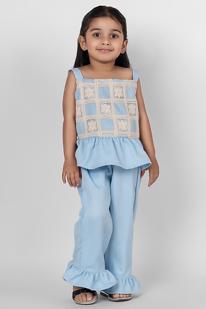 Sky Blue Banana Crepe Co-Ord Set For Girls by Little Rabbits at Pernia's Pop Up Shop