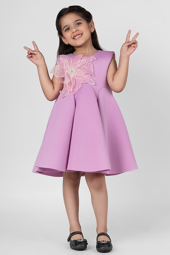 Mauvish Pink Neoprene Floral Embroidered Dress For Girls by Little Rabbits at Pernia's Pop Up Shop