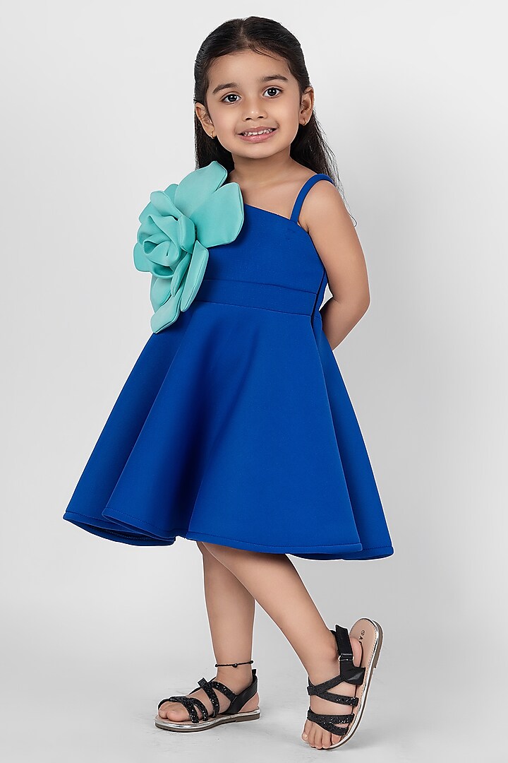 Royal Blue Neoprene Floral Embroidered Off-Shoulder Dress For Girls by Little Rabbits at Pernia's Pop Up Shop