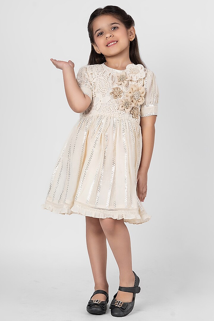 Off-White Soft Cotton Floral Embroidered Dress For Girls by Little Rabbits at Pernia's Pop Up Shop