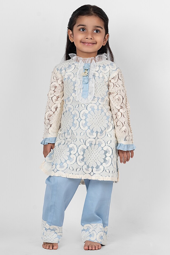 Sky Blue Cotton Lace Bead Embroidered Kurta Set For Girls by Little Rabbits at Pernia's Pop Up Shop