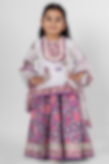 White & Mauve Cotton Block Printed Lehenga Set For Girls by Little Rabbits at Pernia's Pop Up Shop