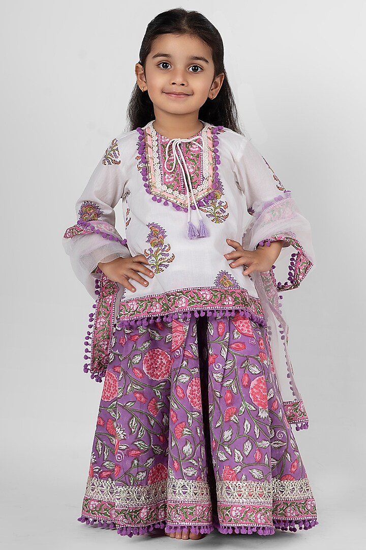 White & Mauve Cotton Block Printed Lehenga Set For Girls by Little Rabbits at Pernia's Pop Up Shop