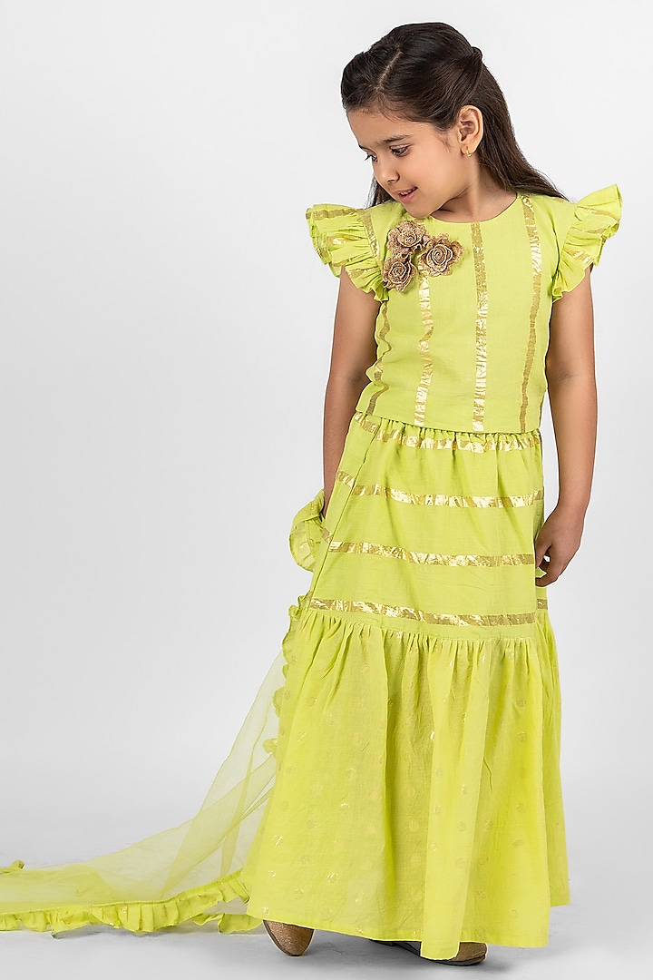 Parrot Green Pure Cotton Gharara Skirt Set For Girls by Little Rabbits at Pernia's Pop Up Shop