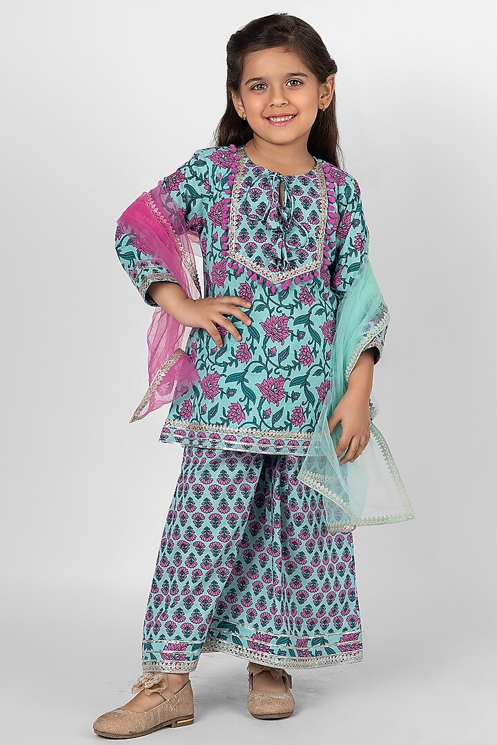 Firozi Cotton Block Printed Sharara Set by Little Rabbits at Pernia's Pop Up Shop