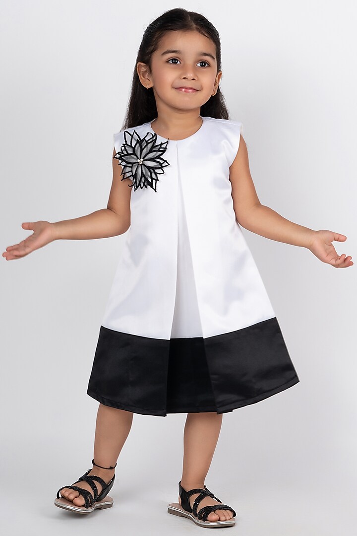 White & Black Imported Satin Floral Embroidered Dress For Girls by Little Rabbits at Pernia's Pop Up Shop