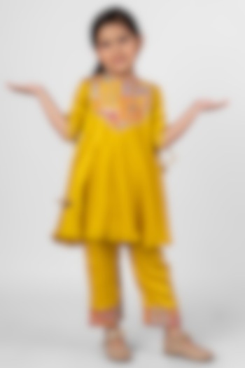 Mustard Yellow Modal Embroidered Kurta Set For Girls by Little Rabbits at Pernia's Pop Up Shop