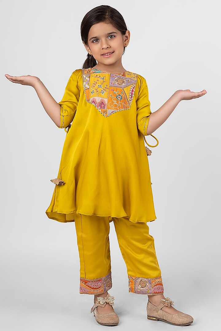 Mustard Yellow Modal Embroidered Kurta Set For Girls by Little Rabbits at Pernia's Pop Up Shop