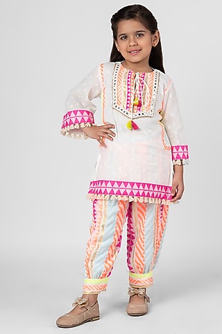 White Cotton Printed Kurta Set For Girls by Little Rabbits