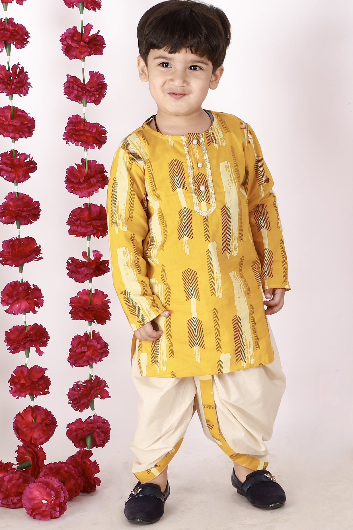 Citrus Yellow Feather Printed Kurta Set For Boys by Little Bansi at Pernia's Pop Up Shop