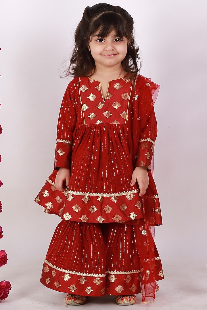 Maroon Cotton Sharara Set For Girls by Little Bansi