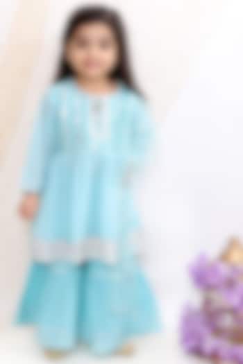 Sky Blue Embroidered Frock Kurta Set For Girls by Little Bansi at Pernia's Pop Up Shop