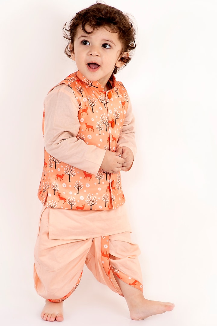 Peach Kurta Set With Printed Nehru Jacket For Boys by Little Bansi