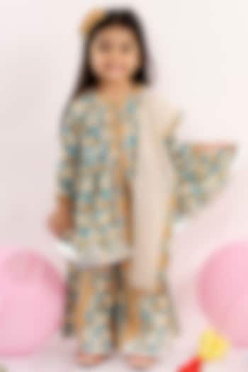Pastel Turquoise Embroidered Sharara Set For Girls by Little Bansi