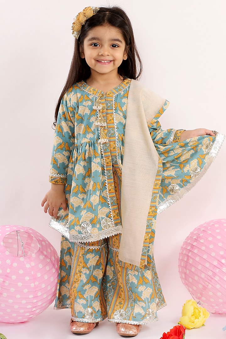 Pastel Turquoise Embroidered Sharara Set For Girls Design by Little ...