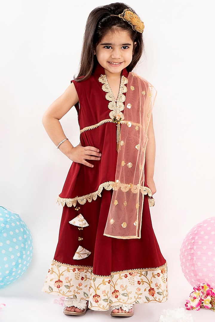 Maroon Embroidered Lehenga Set For Girls by Little Bansi