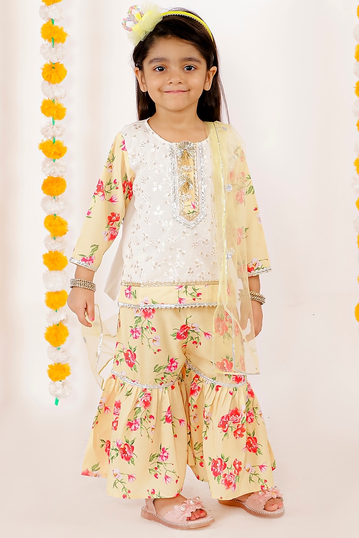 Yellow Embroidered Sharara Set For Girls by Little Bansi