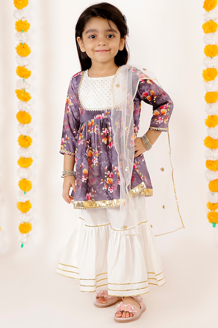 White Embroidered Sharara Set For Girls by Little Bansi