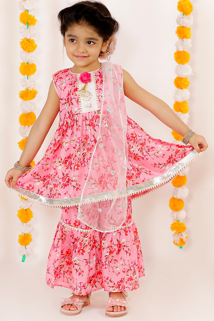 Rose Pink Printed Sharara Set For Girls by Little Bansi at Pernia's Pop Up Shop