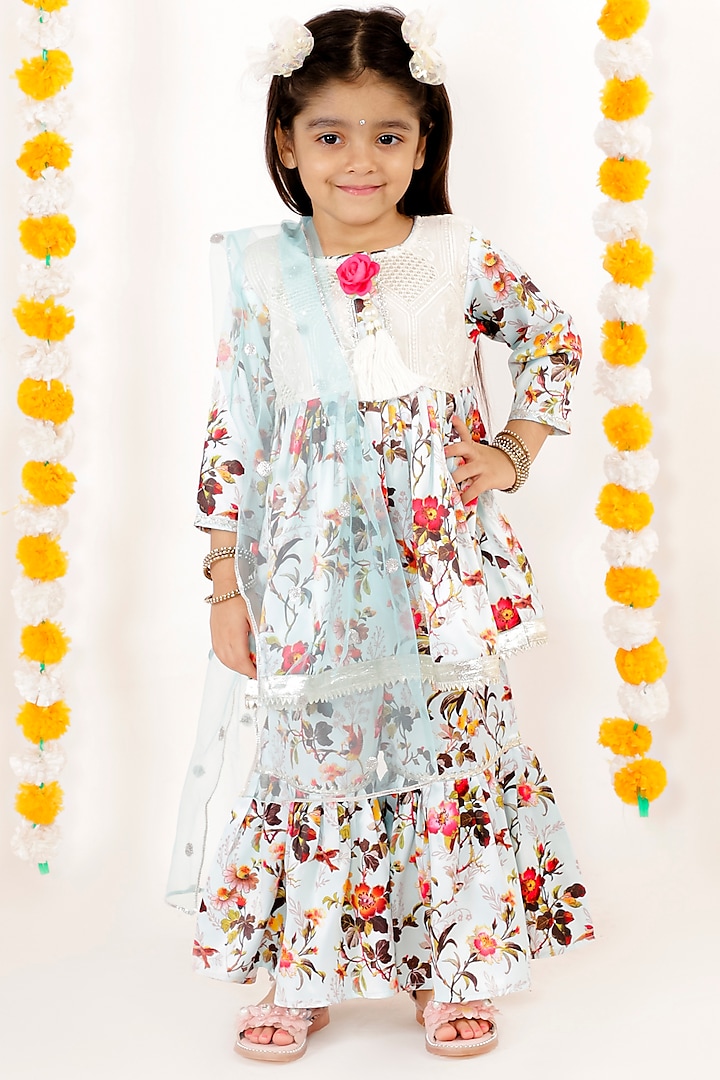 White Printed & Embroidered Sharara Set For Girls by Little Bansi at Pernia's Pop Up Shop