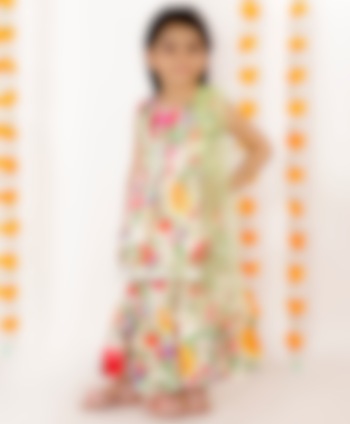 White Printed & Embroidered Sharara Set For Girls by Little Bansi