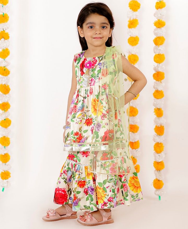 White Printed & Embroidered Sharara Set For Girls by Little Bansi