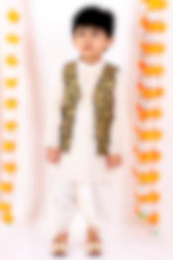 White Kurta Set With Black Embroidered Nehru Jacket For Boys by Little Bansi