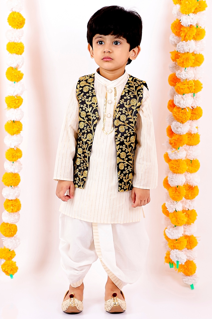 White Kurta Set With Black Embroidered Nehru Jacket For Boys by Little Bansi