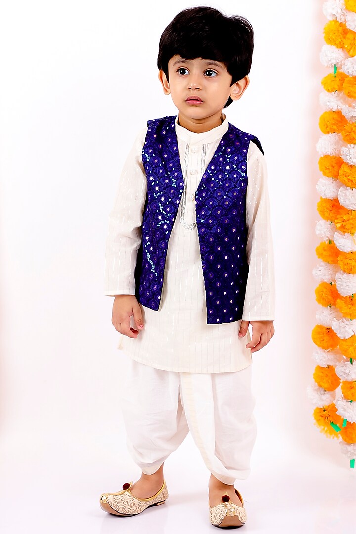 White Kurta Set With Blueberry Embroidered Nehru Jacket For Boys by Little Bansi