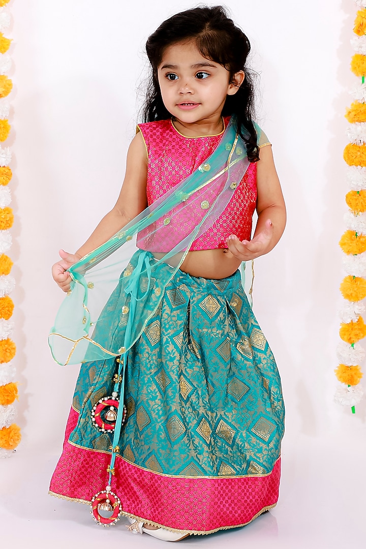 Teal Embroidered Pleated Lehenga Set For Girls by Little Bansi