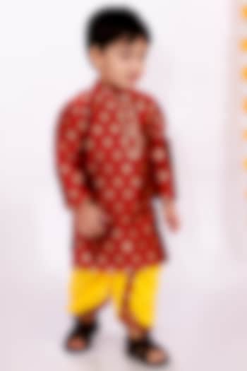 Blood Red Embroidered Kurta Set For Boys by Little Bansi