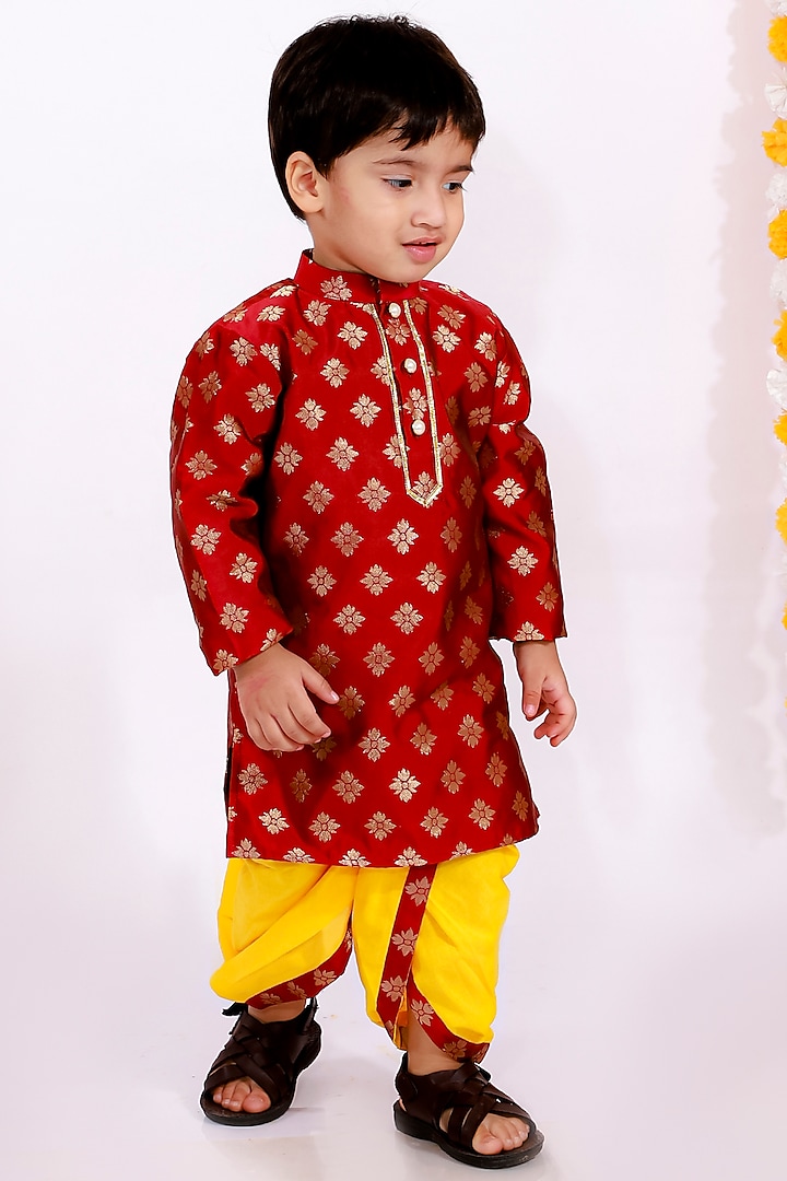 Blood Red Embroidered Kurta Set For Boys by Little Bansi